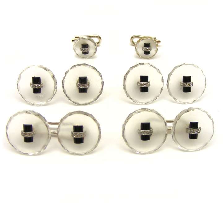 Rock crystal, onyx and diamond gentleman's dress set, French, comprising pair of cufflinks, four buttons and two studs